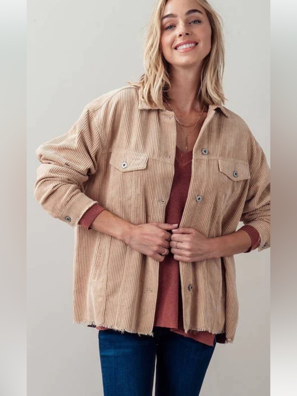 Love Tree Beige Corduroy Button-Front Jacket